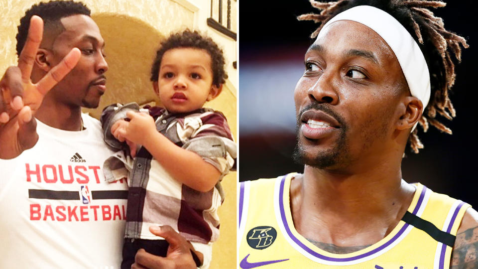 Dwight Howard, pictured here in the NBA and with his son.