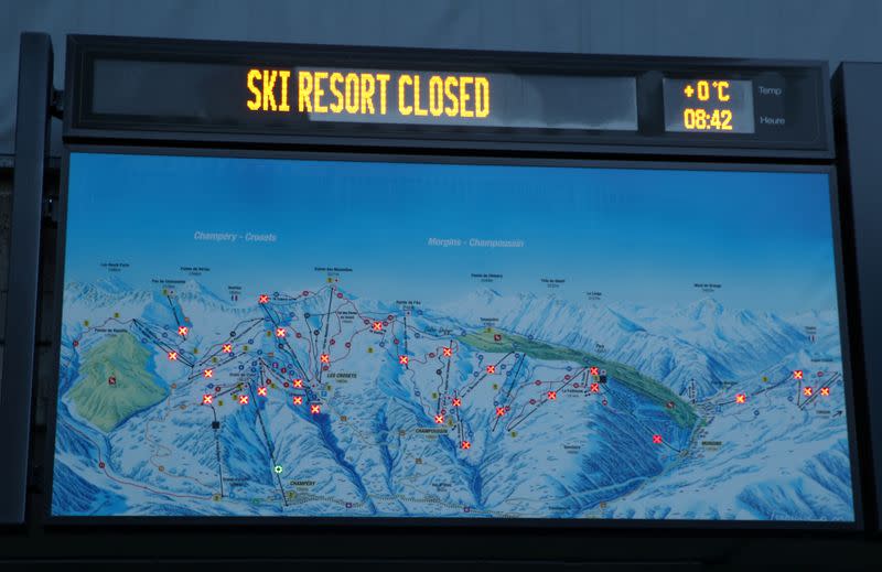 A sign is pictured after the closure of all ski resorts, in Champery