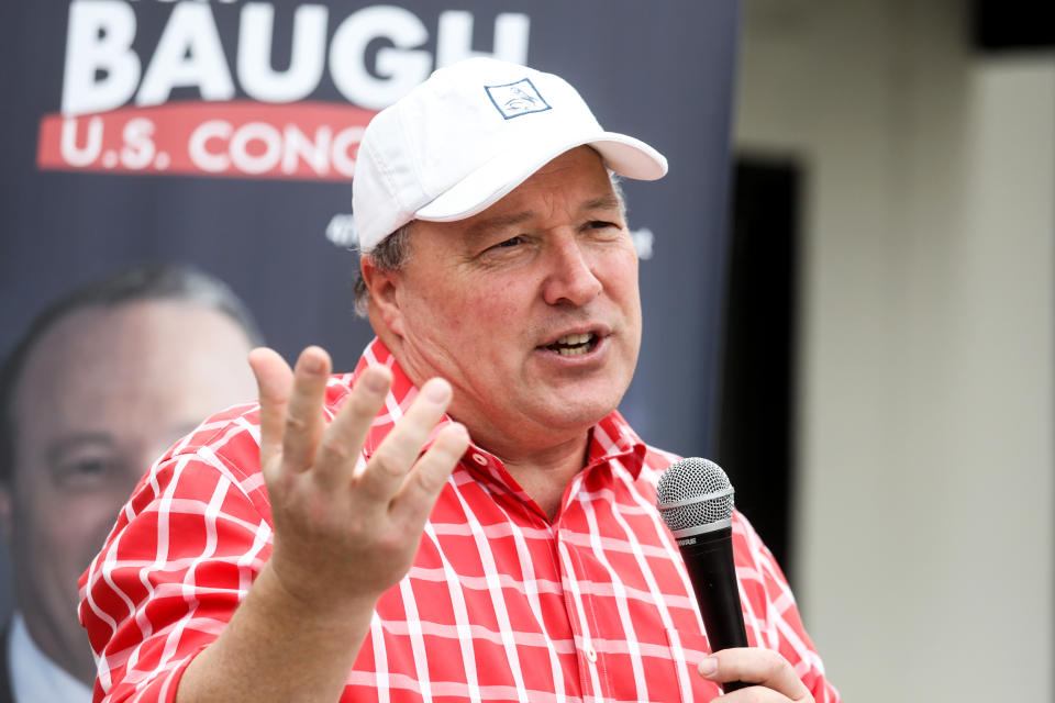 Scott Baugh  speaks to supporters at his campaign kickoff event on April 2, 2022, in Newport Beach, Calif. (Gary Coronado / Los Angeles Times via Getty Images file)