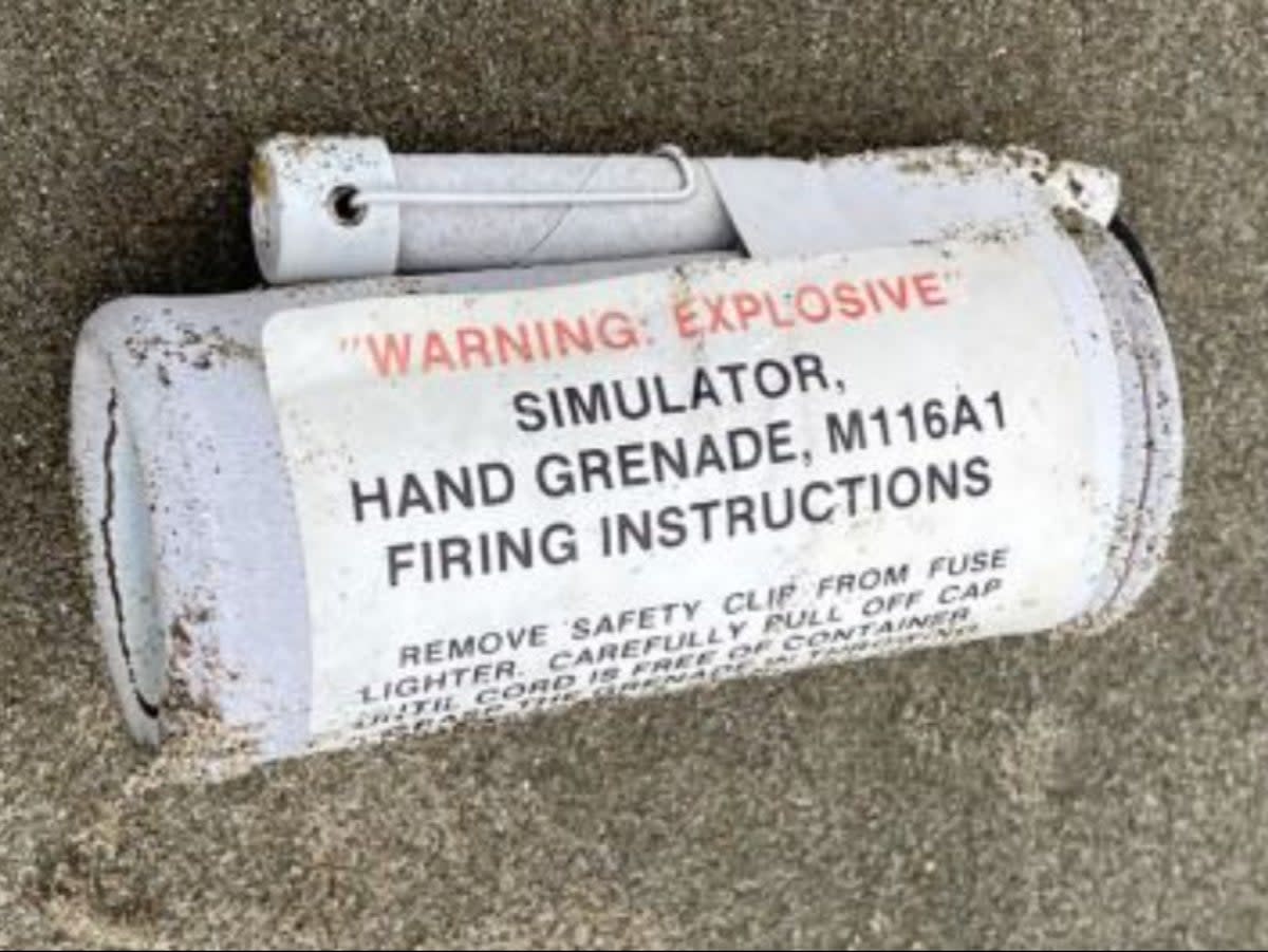 An M116A1 simulator hand grenade found on a beach in Oregon. The devices reproduce the flash and concussion of a hand grenade but are safe enough to be used in training by police and the military (Newport Police Department)