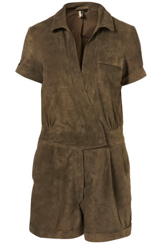 Khaki plaid playsuit in suede, $120, at Topshop