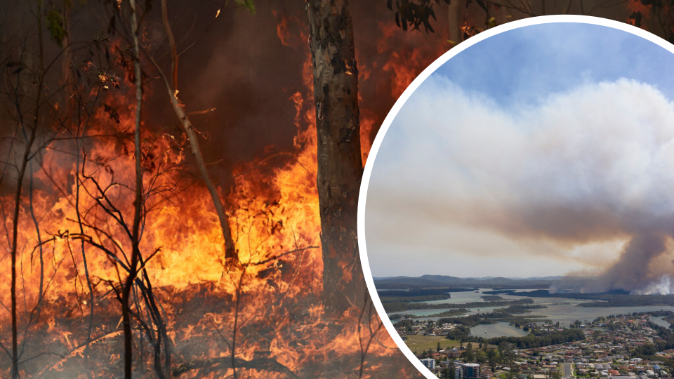Pictured: Close up of Australian bushfires, plume of smoke over Australian houses and city. Images: Getty