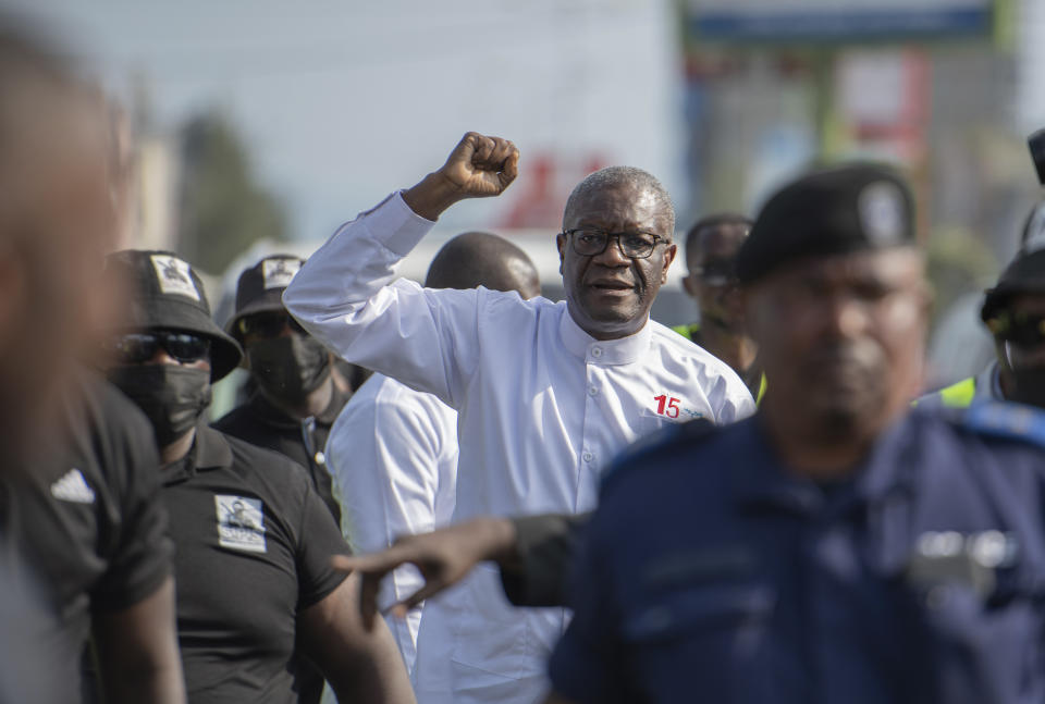 FILE - Congolese opposition presidential candidate and Nobel peace Prize laureate Dr. Denis Mukwege greets well-wishers as he arrives for a rally in Goma, Democratic Republic of the Congo, on Dec. 2, 2023. (AP Photo/Moses Sawasawa, File)