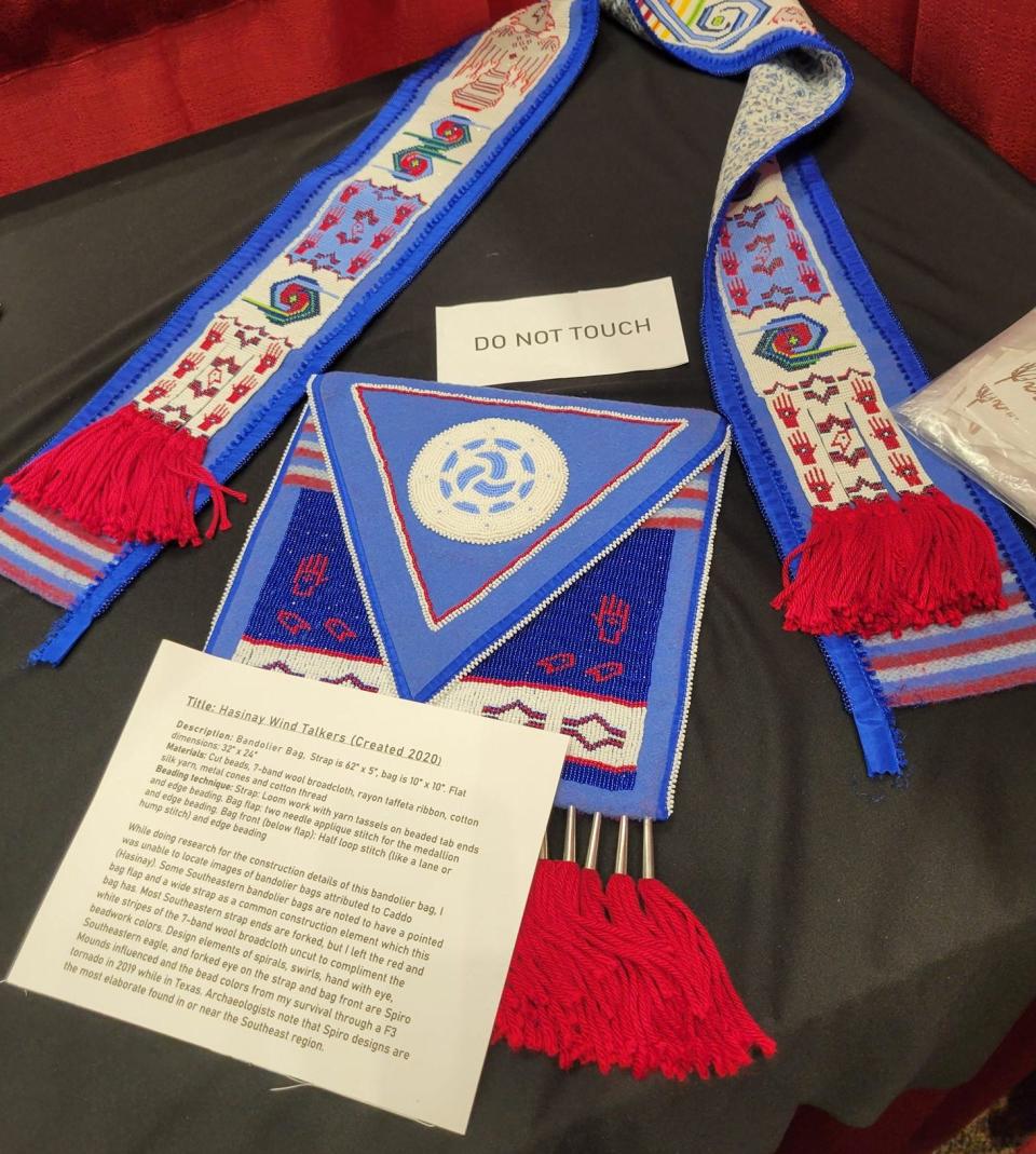 Acclaimed Oklahoma beadwork artist Yonavea Hawkins, a member of the Caddo Nation who is also Delaware and Kickapoo, created her "Hasinay Wind Talkers" beaded bandolier bag after surviving a 2019 tornado.