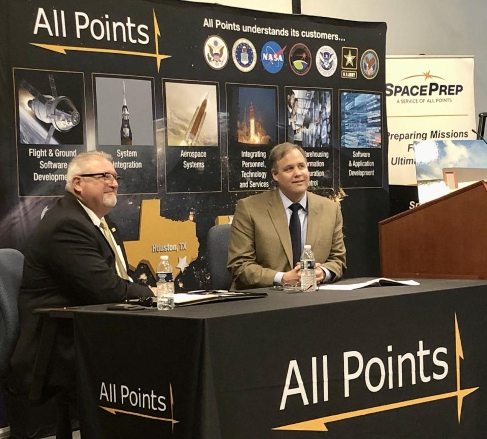 All Points Logistics LLC President and Chief Executive Officer Phil Monkress, left, and former NASA Administrator James Bridenstine discuss All Points' new launch support service, Space Prep, during a news conference on Monday. Bridenstine is a member of All Points' Board of Advisers.