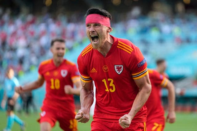 Wales forward Kieffer Moore celebrates scoring against Switzerland in their Euro 2020 opener in Azerbaijan