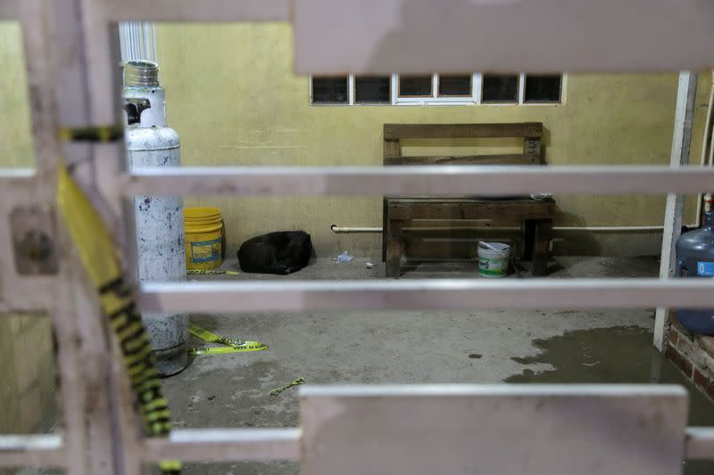 A police cordon lies on the floor at the entrance of a drug rehabilitation facility where assailants killed several people according to Guanajuato state police, in Irapuato