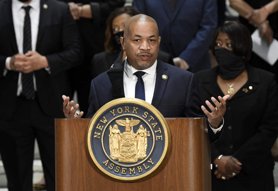 New York Sate Assembly Speaker Carl Heastie, D-Bronx, speaks in favor of new legislation for police reform during a news briefing at the state Capitol Wednesday, June 8, 2020, in Albany, N.Y. New York lawmakers are poised to overhaul a decades-old law that has kept officers’ disciplinary records secret. The Democrat-led Legislature planned to pass a repeal of the law Monday as part of a package of reforms that would also ban officers from subduing people with chokeholds. Gov. Andrew Cuomo said he intends to sign the legislation. (AP Photo/Hans Pennink)