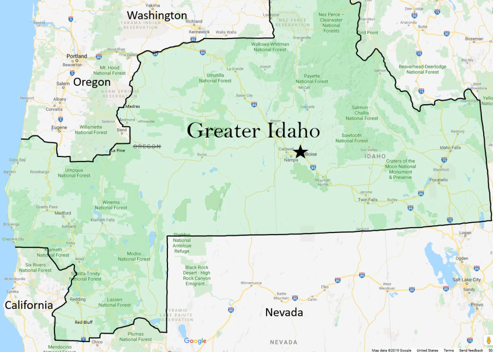 This proposed map provided by Greater Idaho shows an expanded Idaho created by moving state borders.