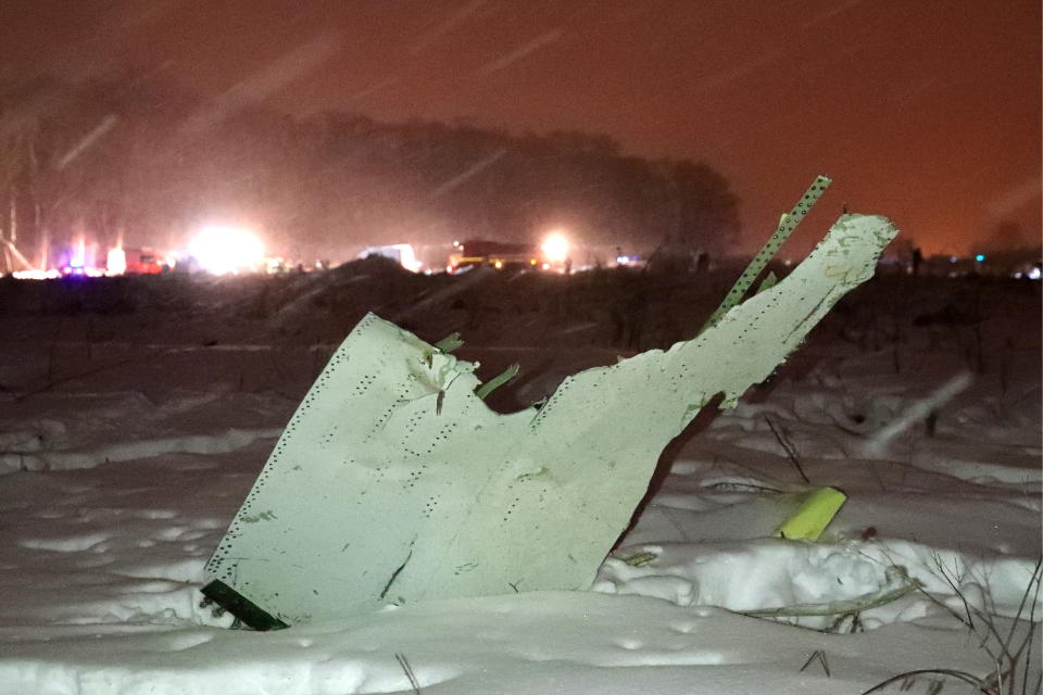 <p>Wreckage of a Saratov Airlines Antonov An-148 plane. The passenger plane with 71 people on board bound for the Ural city of Orsk crashed minutes after taking off from Domodedovo International Airport on Feb. 11, 2018. (Photo: Stanislav Krasilnikov\TASS via Getty Images) </p>