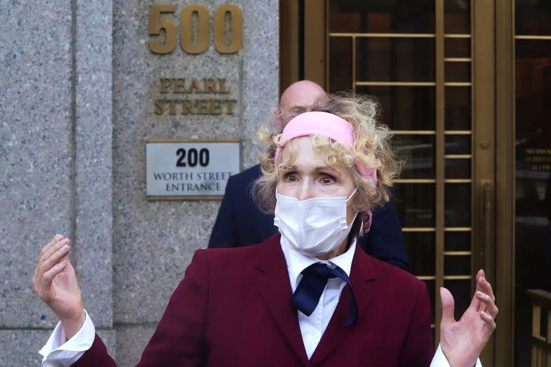 U.S. President Donald Trump rape accuser E. Jean Carroll speaks to the media as she departs from her hearing at federal court