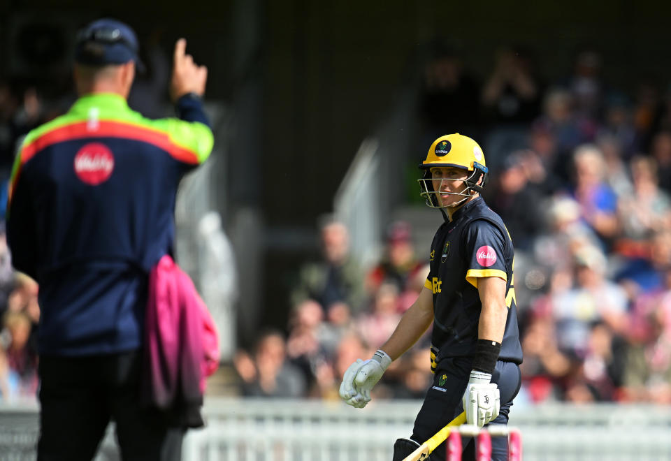 TAUNTON, ENGLAND - JUNE 16: Marnus Labuschagne of Glamorgan makes his way off after being dismissed during the T20 Vitality Blast match between Somerset and Glamorgan at The Cooper Associates County Ground on June 16, 2024 in Taunton, England. (Photo by Harry Trump/Getty Images)