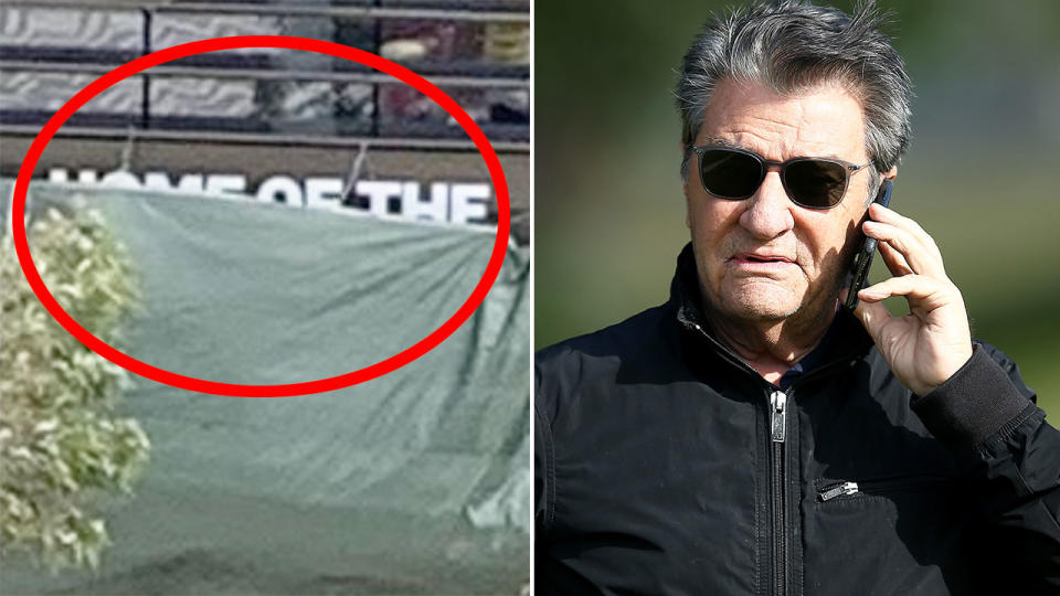Pictured right is billionaire Sydney Roosters chairman Nick Politis and a Bunnings tarp covering up the 'Home of the Roosters' sign at Allianz Stadium on the left.