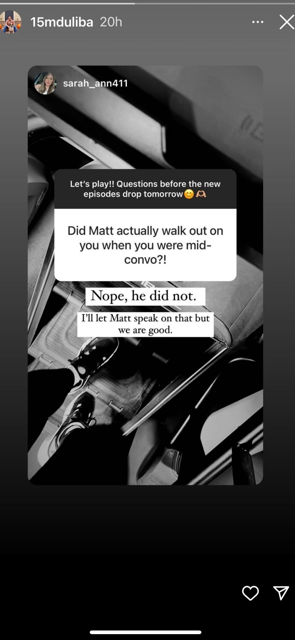 A screenshot of "Love Is Blind" star Matthew Duliba resharing Sarah Ann's Instagram story