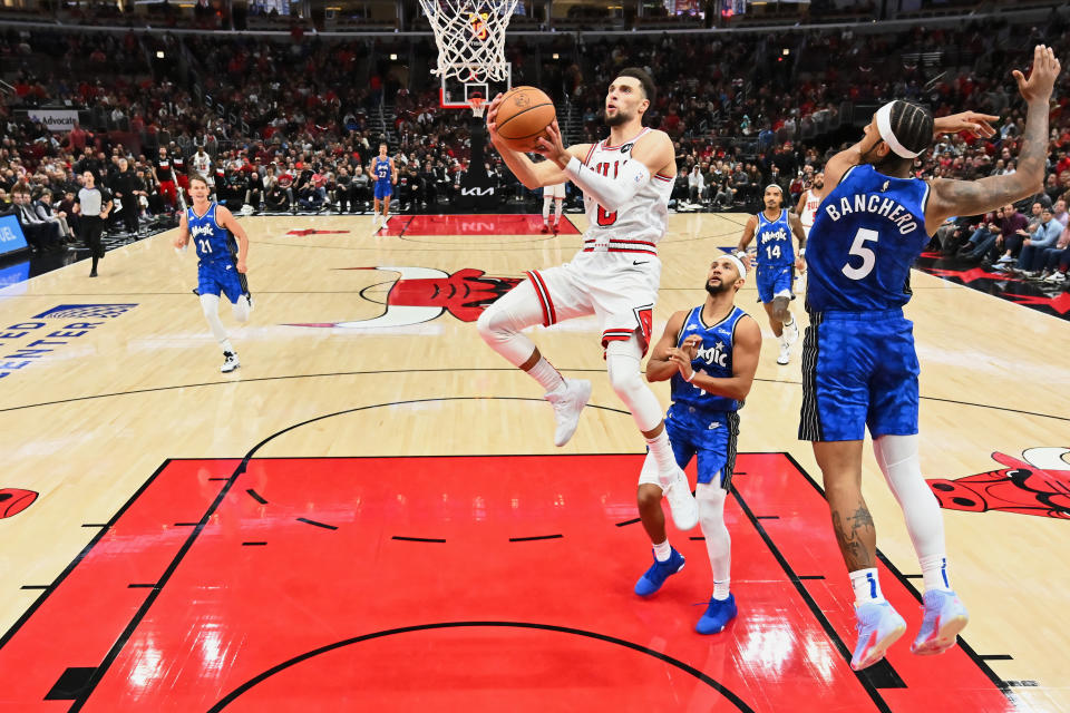 Zach LaVine drives to the basket against the Orlando Magic on Nov. 15 at the United Center in Chicago. (Photo by Jamie Sabau/Getty Images)