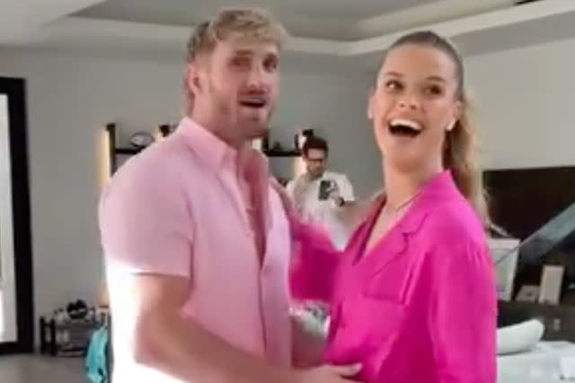 <p>Logan Paul/Instagram</p> Logan Paul and Nina Agdal dressed in pink for their sex reveal party