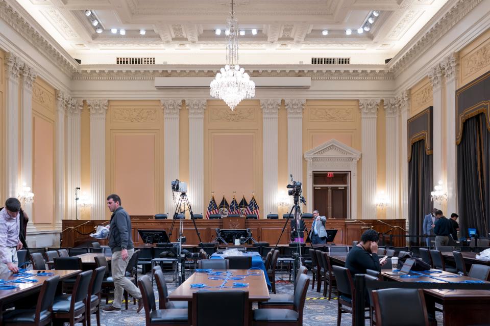 Television crews and technicians on Tuesday prepare the Cannon Caucus Room for Thursday night's hearing by the Jan. 6 committee.