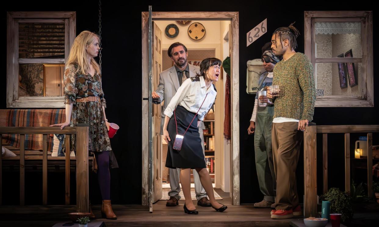 <span>Exuberant exchanges … (l-r) Yolanda Kettle, Ferdinand Kingsley, Katie Leung, Tamara Lawrance and Anthony Welsh in The Comeuppance.</span><span>Photograph: Marc Brenner</span>