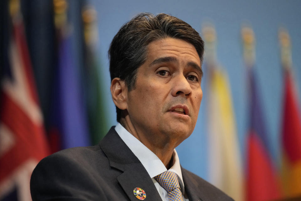 Palau President Strangle S. Whipps Jr. attends The 79th commission session of the Economic and Social Commission for Asia and the Pacific at U.N. regional office in Bangkok, Thailand, Monday, May 15, 2023. Pacific Island leaders called at a U.N. climate change conference in Thailand for more efforts by rich countries to combat global warming's environmental impact, especially as their vulnerable countries are just emerging from the economic devastation of the COVID-19 pandemic. (AP Photo/Sakchai Lalit)