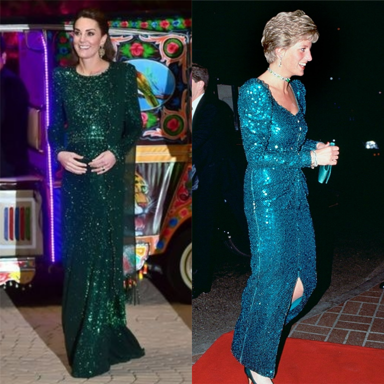 Kate Middleton in 2019 and Princess Diana in 1990