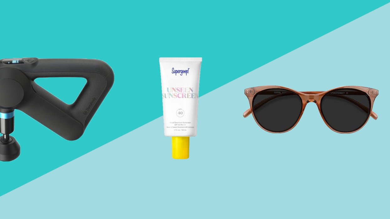 theragun, supergoop sunscreen and sunglasses