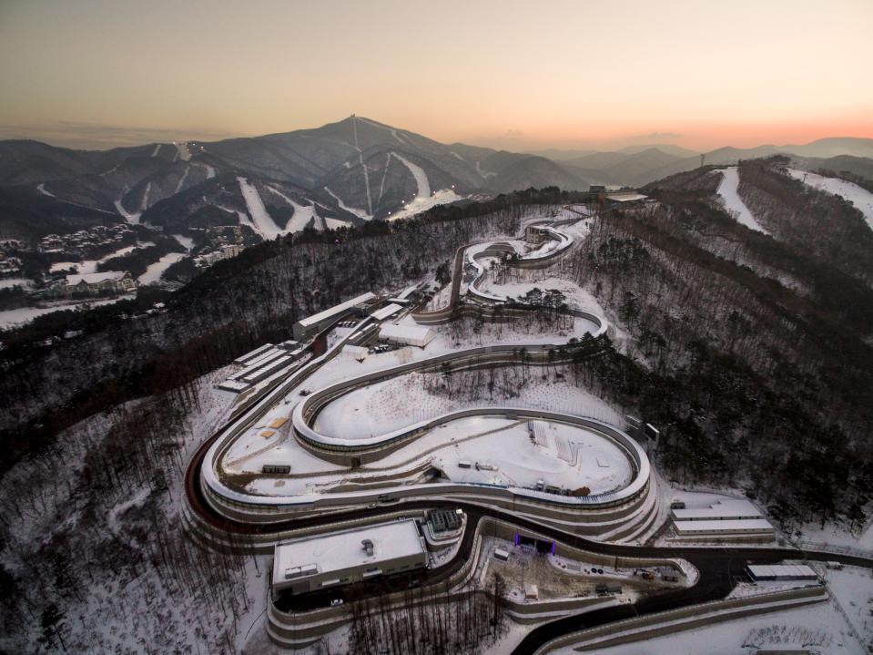 This picture taken on December 28, 2017 in PyeongChang shows the Olympic Sliding Centre, a venue for the 2018 PyeongChang Winter Olympics.