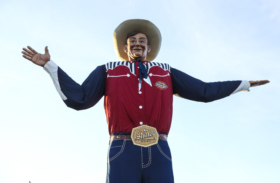 Oct 9, 2021; Dallas, Texas, USA;  Big Tex at the State Fair of Texas before the game between the Texas Longhorns and Oklahoma Sooners at Cotton Bowl. Mandatory Credit: Kevin Jairaj-USA TODAY Sports