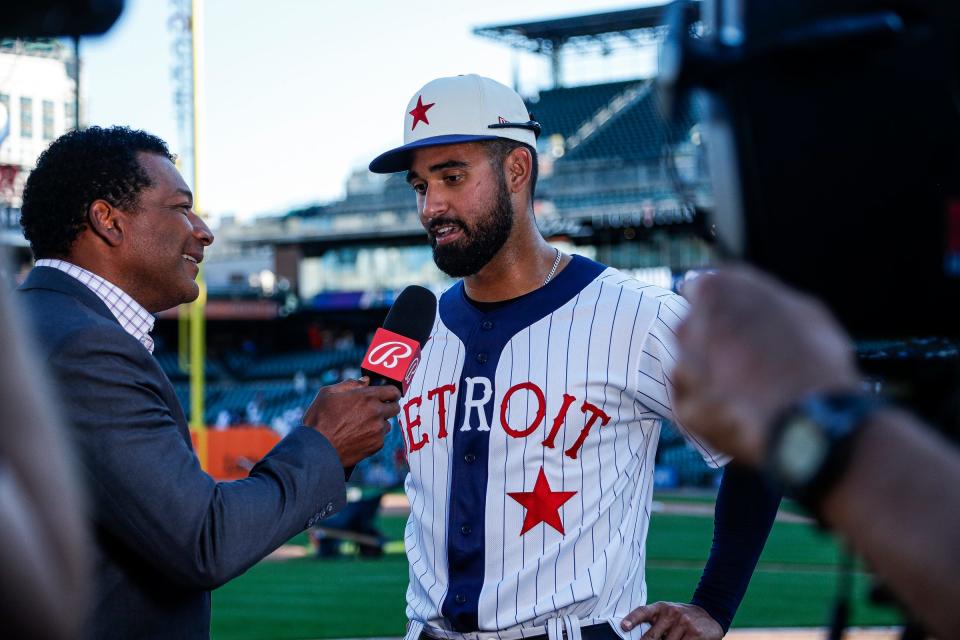 Detroit Tigers center fielder Riley Greene (31) is interviewed by Bally Sports after the Tigers' 14-7 win over Texas Rangers at the Comerica Park in Detroit on Saturday, June 18, 2022.