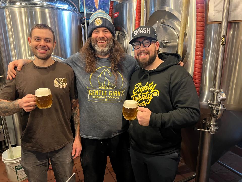 There are lots of changes at Gentle Giant Brewing in Pearl River - and it's all about the decor and the food. Left to right: Gentle Giant Brewmaster Nick Carnicelli, Gentle Giant Owner Matt Worgul and Chef Matt Borgersen who has brought smashburgers to the menu with his new restaurant Eighty Twenty North.