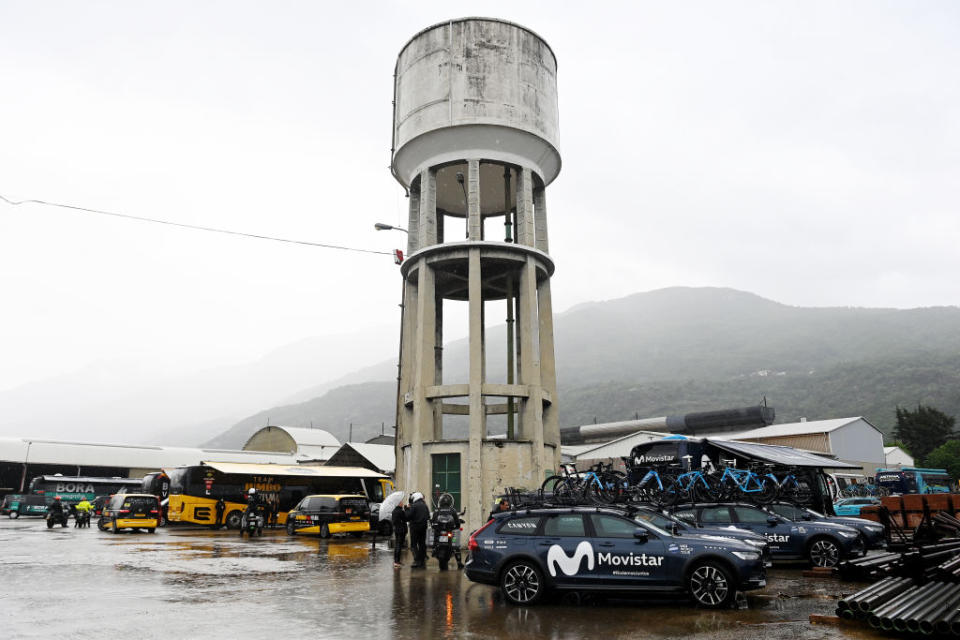CRANSMONTANA SWITZERLAND  MAY 19 Movistar Team cars on their way to the new start localisation during the 106th Giro dItalia 2023 Stage 13 a 75km stage from Le Chable to CransMontana  Valais 1456m  Stage shortened due to the adverse weather conditions  UCIWT  on May 19 2023 in CransMontana Switzerland Photo by Tim de WaeleGetty Images