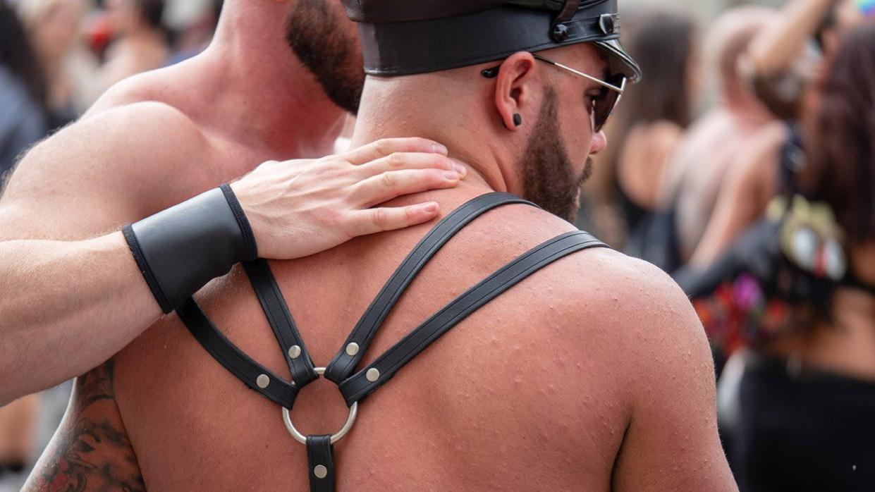two men in leather at a folsom street fair