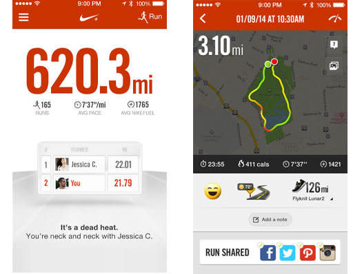 Nike's running app is a simple, effective and driven app experience. It's all about the running and making sure you're constantly challenging yourself. Take on other runners and see unique 'heat maps' which show your route and how intensive each part of the run was. Social media is a big feature as well with Instagram filters creating unique templates for each run so you can share both your achievements and what you saw along the way. £Free <strong>I</strong> <a href="https://itunes.apple.com/gb/app/nike+-running/id387771637?mt=8" target="_blank">iOS</a>, <a href="https://play.google.com/store/apps/details?id=com.nike.plusgps&hl=en_GB" target="_blank">Android</a>