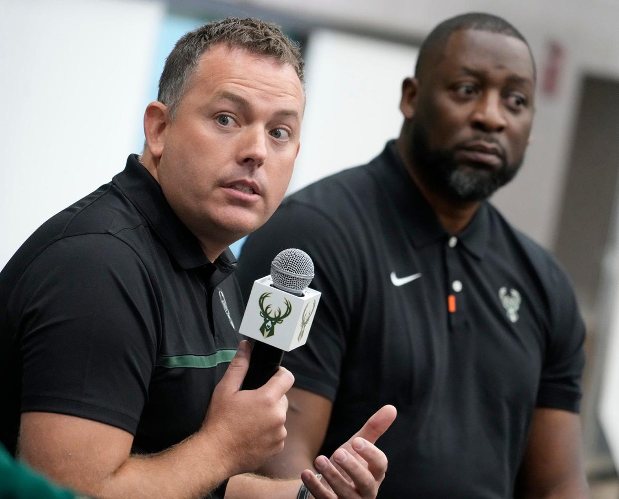 Bucks general manager Jon Horst (left) and Bucks head coach Adrian Griffin answer questions during the Milwaukee Bucks media day at the Sports Science Center in Milwaukee on Monday, Oct. 2, 2023.