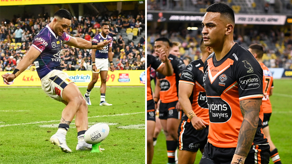 The Wests Tigers (pictured right) looking dejected after a loss and (pictured left) Valentine Holmes kicking a goal.