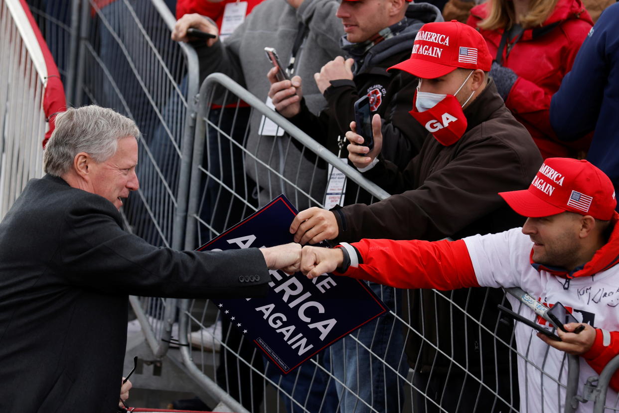 White House Chief of Staff Mark Meadows greets supporters of U.S. President Donald Trump during a  campaign rally at Reading Regional Airport in Reading Pennsylvania , U.S., October 31, 2020. (Carlos Barria/Reuters)