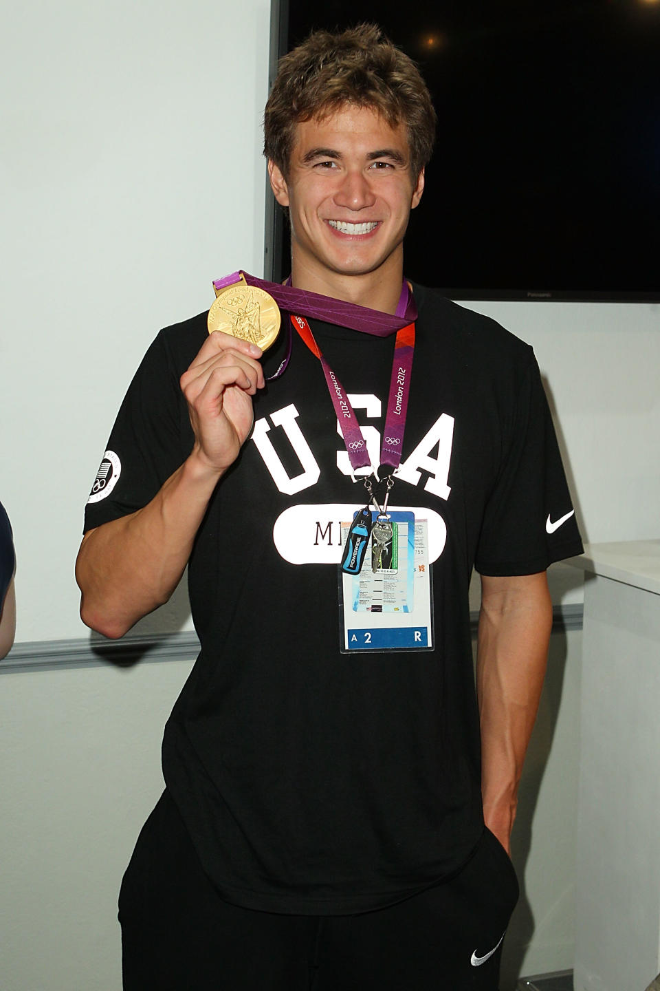 LONDON, ENGLAND - AUGUST 04: U.S. Olympian Nathan Adrian visits the USA House at the Royal College of Art on August 4, 2012 in London, England. (Photo by Joe Scarnici/Getty Images for USOC)