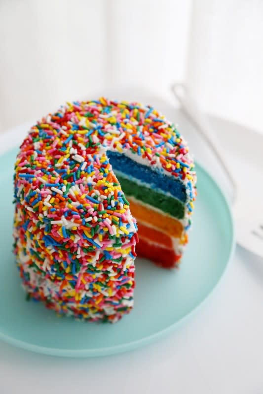 <p>The vibrant colors and fluffy, moist layers of frosted cake will make this sprinkled rainbow cake a favorite for celebrations!</p><p><strong>Get the recipe: <a href="http://www.thecomfortofcooking.com/2020/06/easy-rainbow-cake.html" rel="nofollow noopener" target="_blank" data-ylk="slk:Easy Rainbow Cake with Sprinkles;elm:context_link;itc:0;sec:content-canvas" class="link rapid-noclick-resp"><em>Easy Rainbow Cake with Sprinkles</em></a></strong></p>