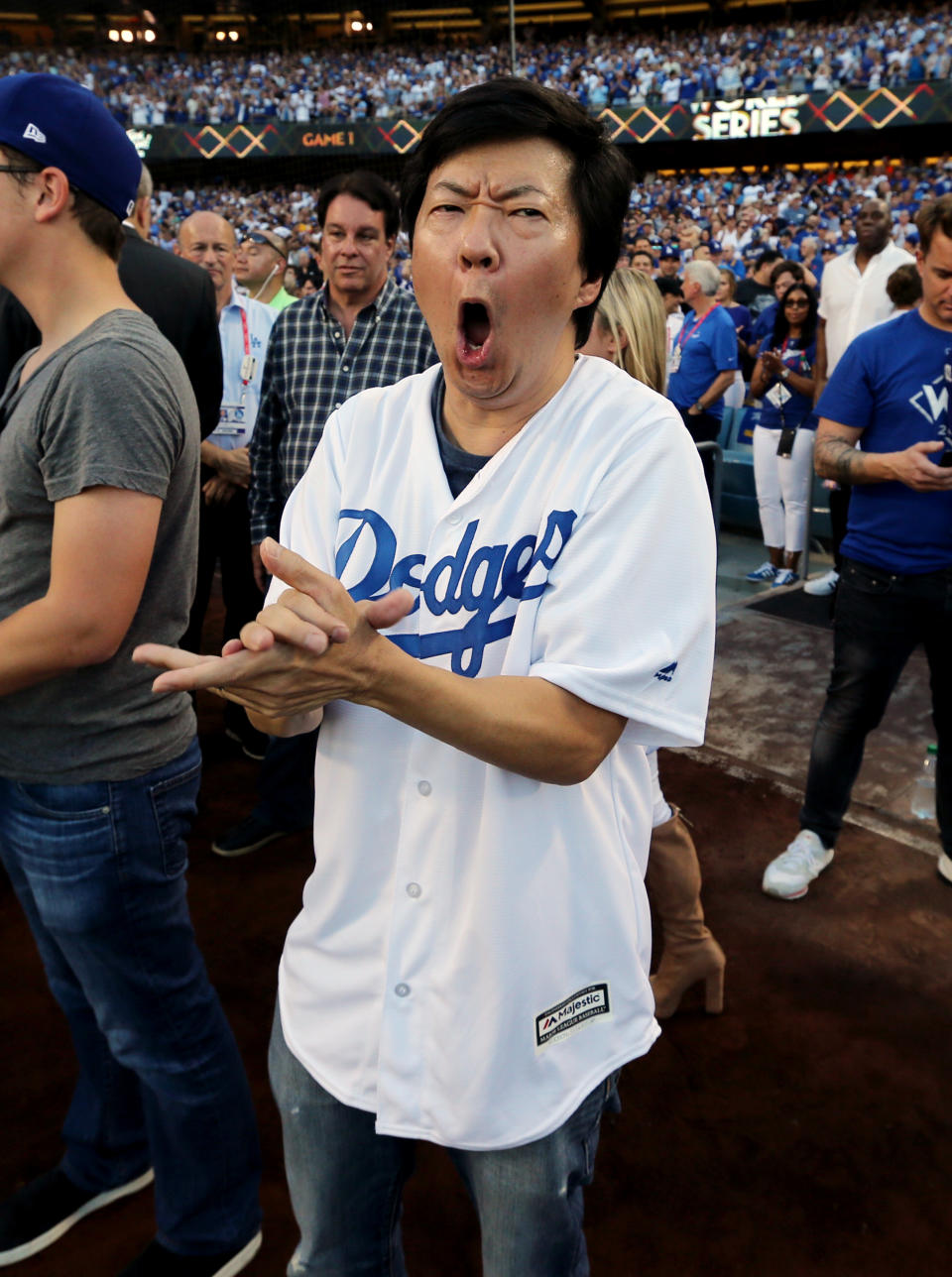 <p>Actor Ken Jeong cheers prior to Game 1 of the 2017 World Series between the Houston Astros and the Los Angeles Dodgers at Dodger Stadium on Tuesday, October 24, 2017 in Los Angeles, California. (Photo by Rob Tringali/MLB Photos via Getty Images) </p>