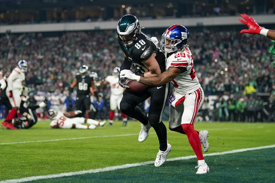 New York Giants safety Xavier McKinney breaks up a touchdown pass intended for Philadelphia Eagles tight end Dallas Goedert during the first half of an NFL football game Monday, Dec. 25, 2023, in Philadelphia. (AP Photo/Matt Slocum)