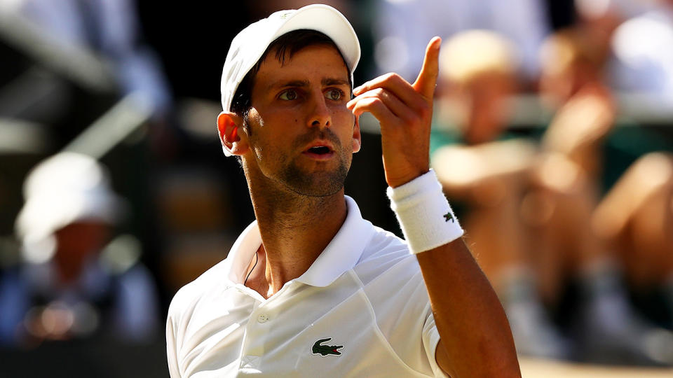 LONDON, ENGLAND – JULY 15: Novak Djokovic of Serbia gestures during the Men’s Singles final against Kevin Anderson of South Africa on day thirteen of the Wimbledon Lawn Tennis Championships at All England Lawn Tennis and Croquet Club on July 15, 2018 in London, England. (Photo by Matthew Stockman/Getty Images)