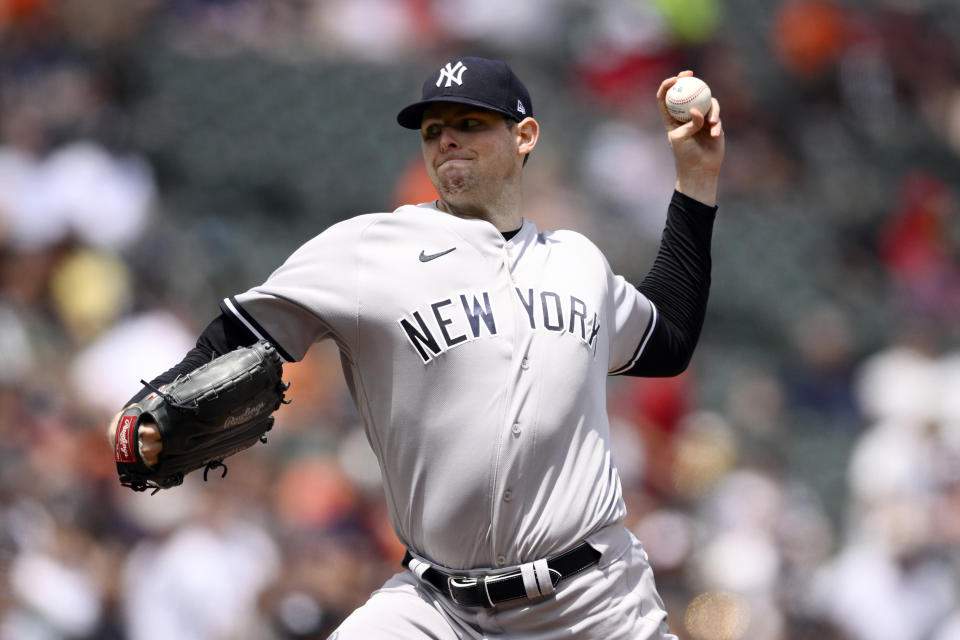 New York Yankees starting pitcher Jordan Montgomery throws during the first inning of a baseball game against the Baltimore Orioles, Thursday, May 19, 2022, in Baltimore. (AP Photo/Nick Wass)