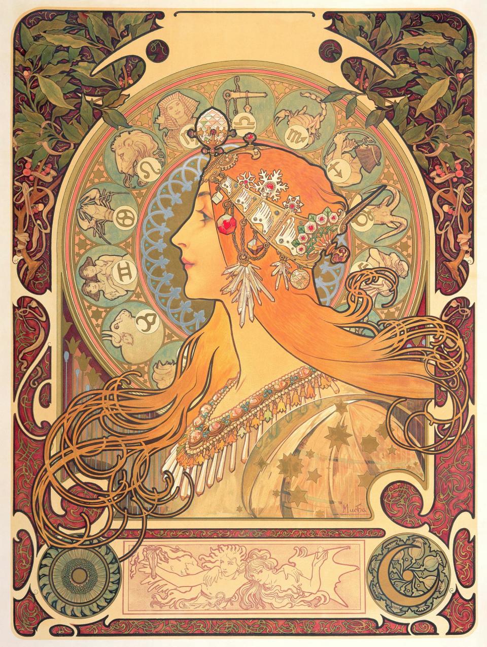 L Alphonse Mucha, Zodiac. 1896, colour lithograph 65.7 x 48.2cm, The Mucha Collection © Mucha Trust 2024.