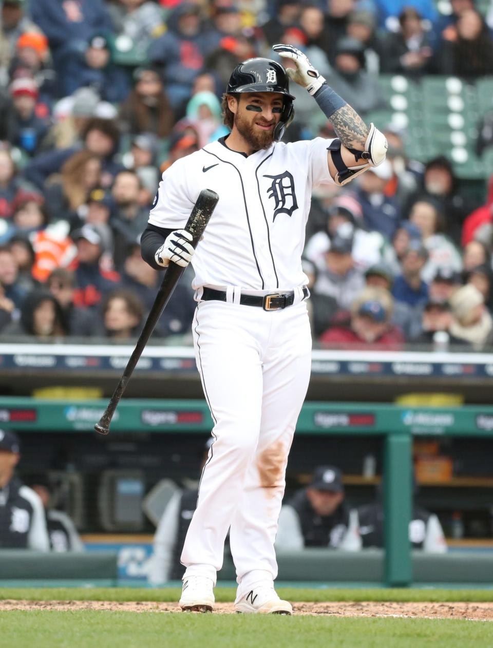 Tigers catcher Eric Haase bats against White Sox reliever Reynaldo Lopez during the sixth inning on Saturday, April 9, 2022, at Comerica Park.