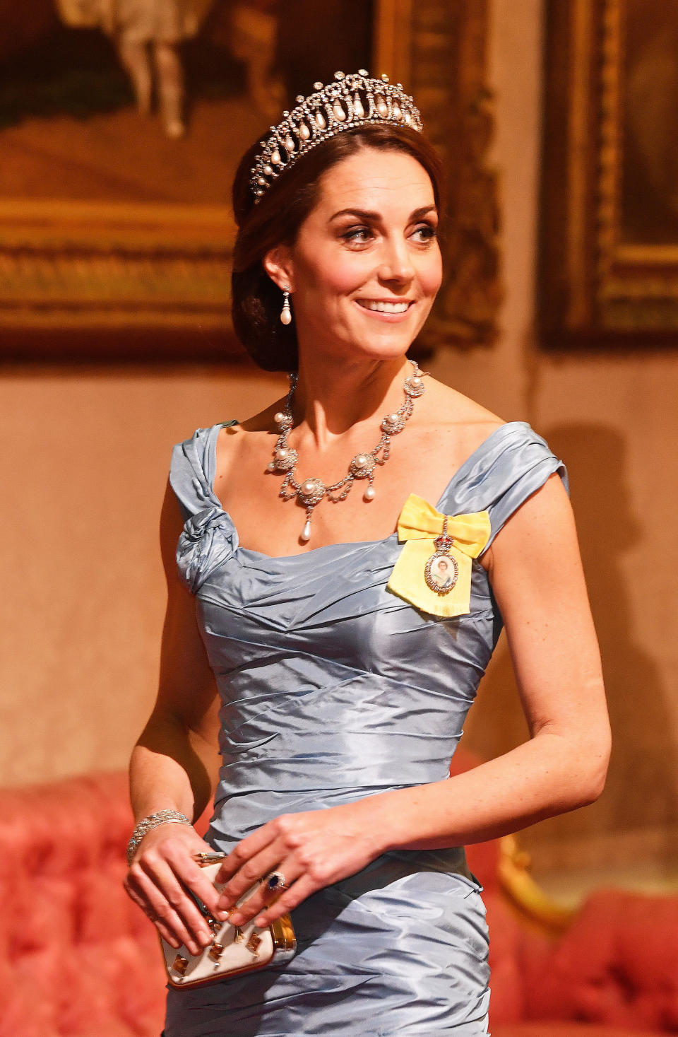 The Duchess of Cambridge wore a Alexander McQueen gown and the Cambridge Lover’s Knot tiara, which once belonged to Princess Diana. Source: Getty