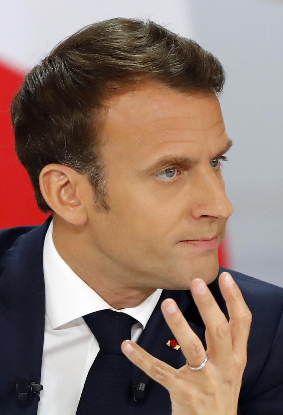 French President Emmanuel Macron delivers a speech at the Elysee Palace Thursday, April 25, 2019 in Paris. Macron makes a speech at the Elysee presidential palace based on three months of national debate aimed at addressing the protesters' concerns through town hall meetings and collecting complaints online. (AP Photo/Michel Euler)