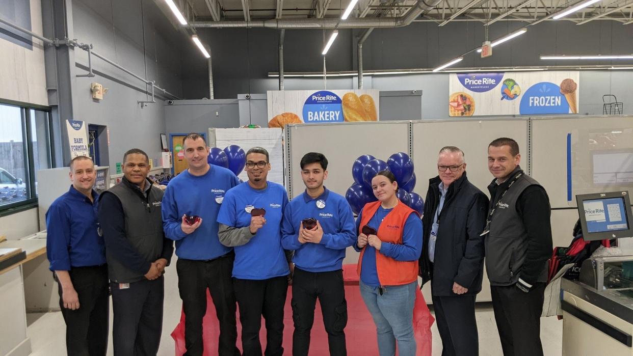 Price Rite Marketplace of Worcester Manager Mark Jerome, left, Director of Retail Asset Protection Derrick Price, Produce Manager Drew Delmastro, store associates Roberto Diaz, Dennis Cobos and D’Nay Hunter, Price Rite Marketplace President Kevin McDonnell and Vice President of Operations Bill Devin.