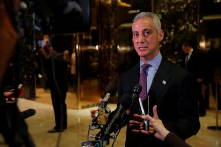 FILE PHOTO: Chicago Mayor Rahm Emanuel speaks with media after meeting with U.S. President-elect Donald Trump at Trump Tower in Manhattan, New York City, U.S. December 7, 2016.  REUTERS/Andrew Kelly/File Photo