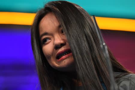 May 30, 2018; National Harbor, MD, USA; Abby Zheng spelled the word multiloquious incorrectly during the 2018 Scripps National Spelling Bee at the Gaylord National Resort and Convention Center. Mandatory Credit: Jack Gruber-USA TODAY NETWORK