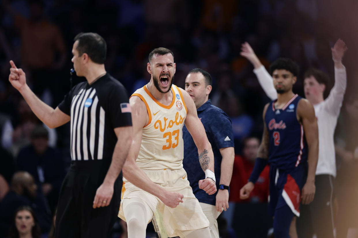 Tennessee forward Uros Plavsic reacts after a play during the first half of a Sweet 16 college basketball game against Florida Atlantic in the East Regional of the NCAA tournament at Madison Square Garden, Thursday, March 23, 2023, in New York. (AP Photo/Adam Hunger)