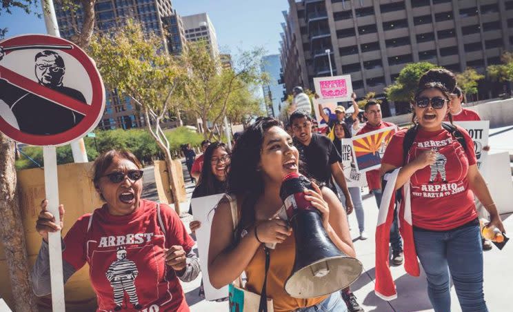 Members of the Bazta Arpaio campaign protest outside Maricopa County Sheriff Joe Arpaio's criminal contempt proceedings in Phoenix, Az. on Oct. 11, 2016. (Photo courtesy of Bazta Arpaio)